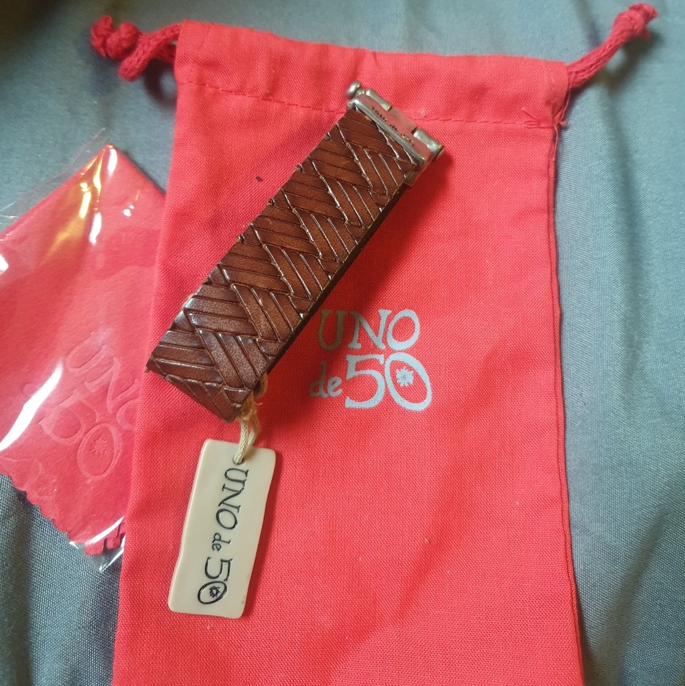 Uno De 50Hinged Silver Plated Braided Brown Leathe